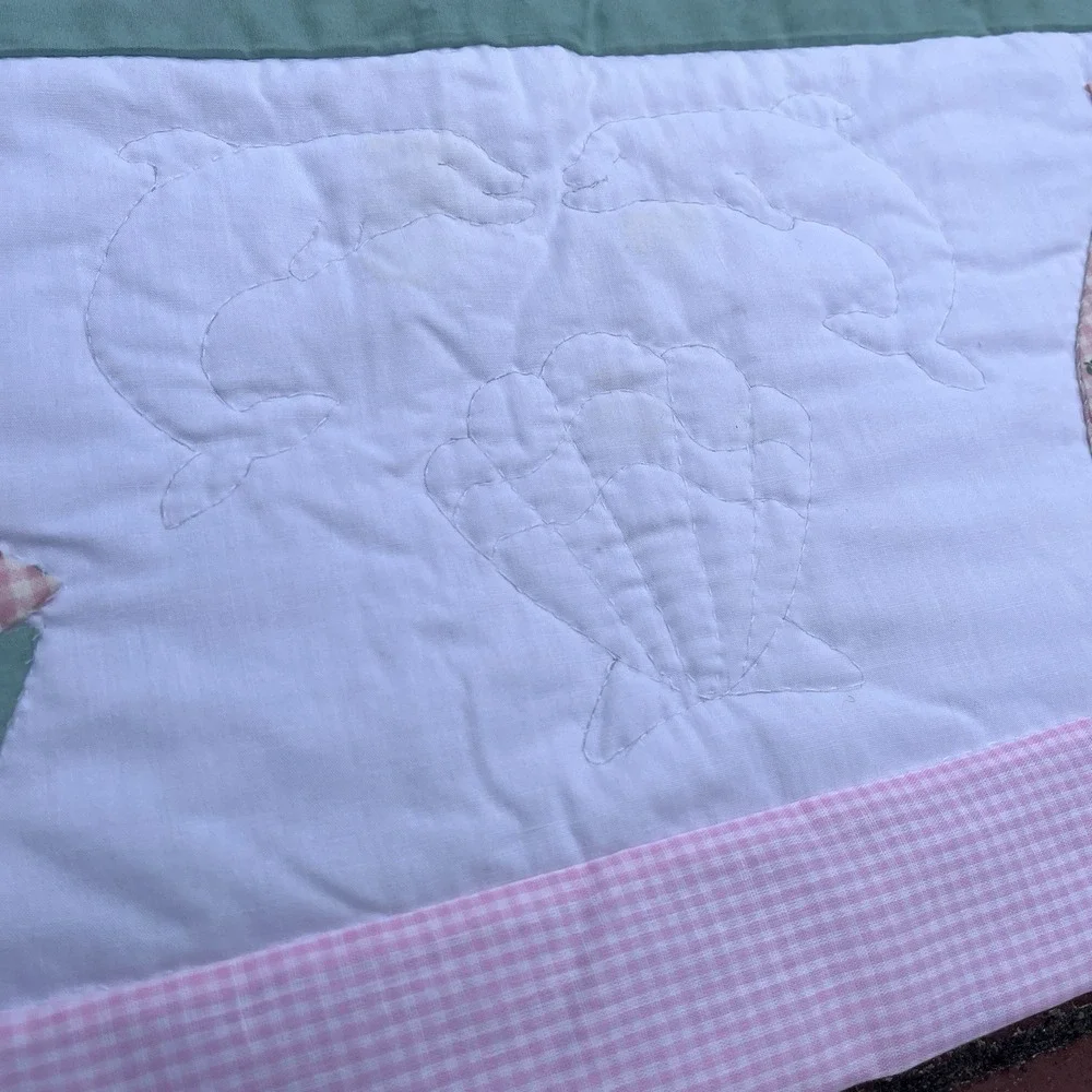Handmade Sailboat Girls Crib Quilt, Green, White, Pink, One Of A Kind 42
